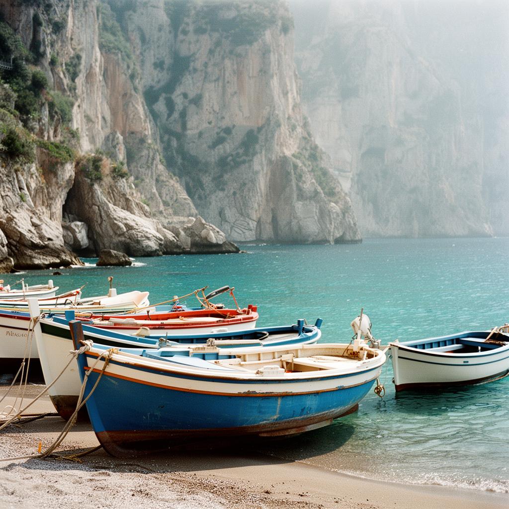 Traditional fishing boats resting on a small Amalfi Coast beach cove with dramatic limestone cliffs