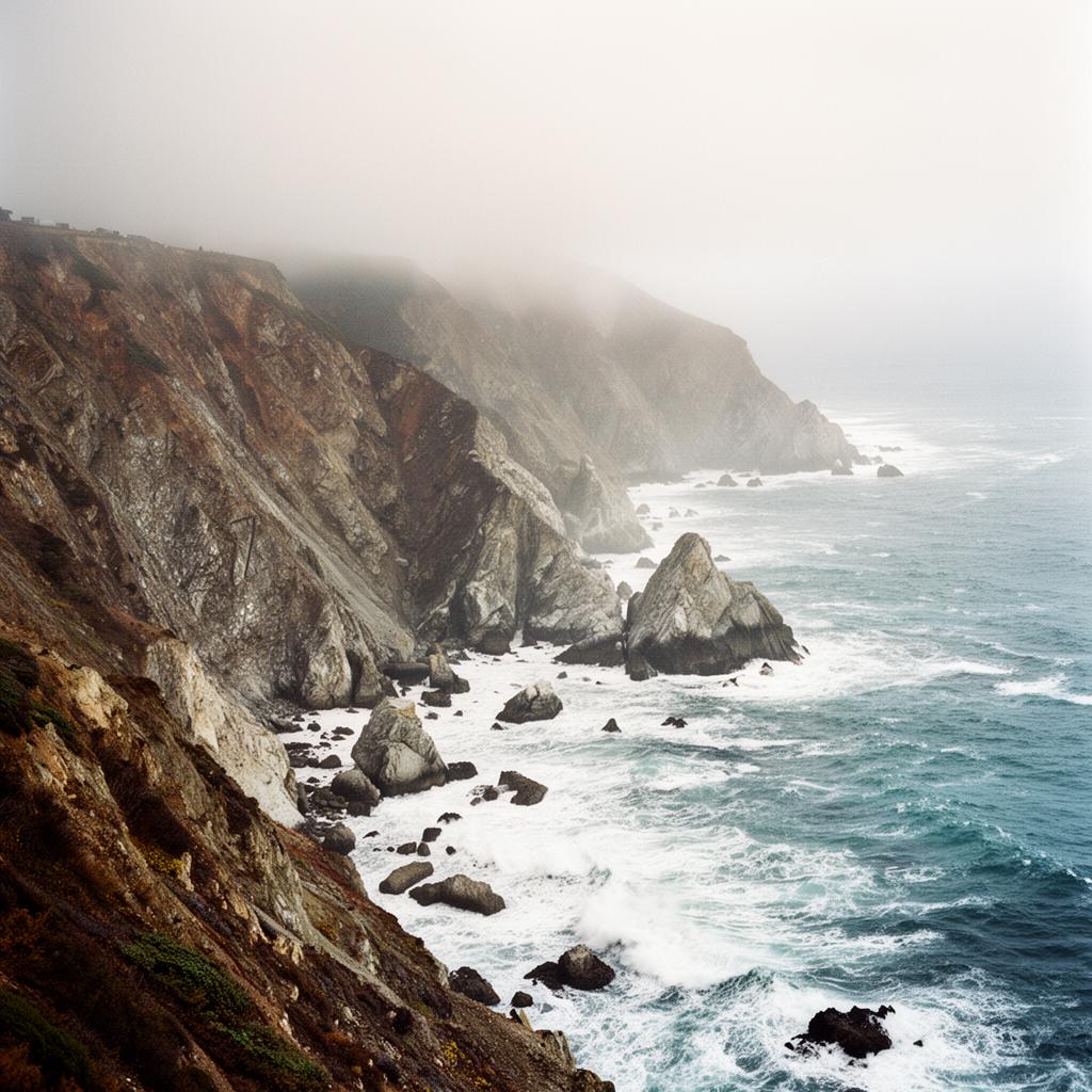 Golden hour view of the California Pacific coastline with waves crashing on sandy cliffs
