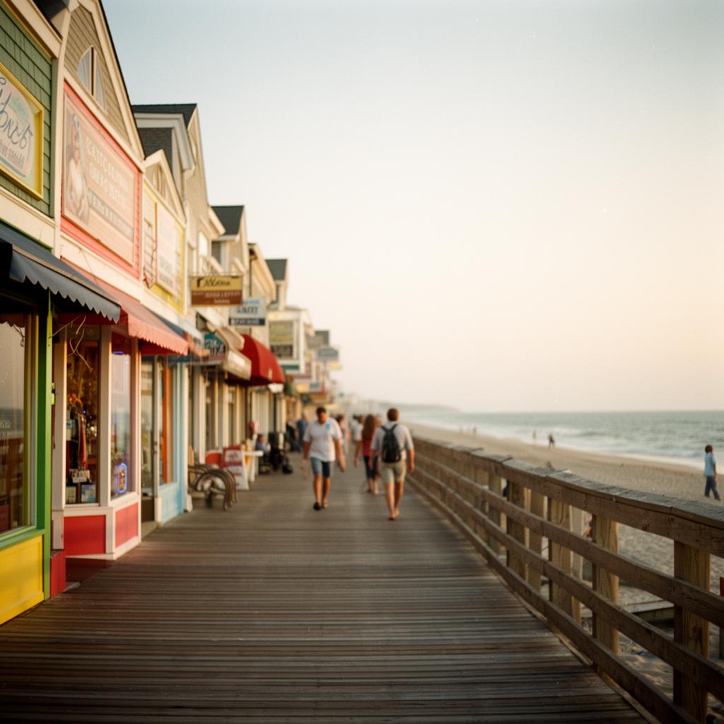 Wooden boardwalk leading through sea oats to a wide Outer Banks beach in North Carolina