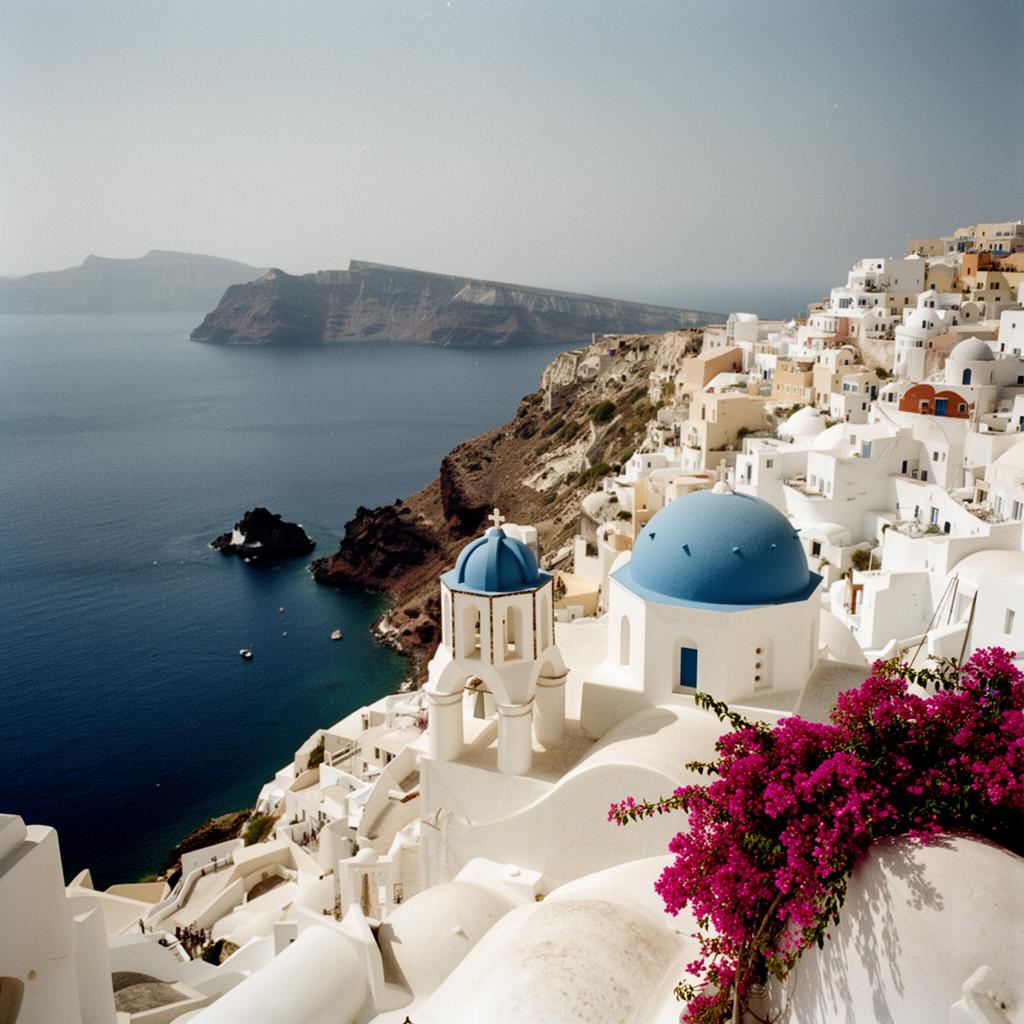 Traditional white-washed Greek village overlooking a deep blue Aegean coastline
