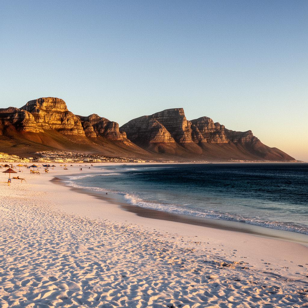 Camps Bay beach at sunset with the Twelve Apostles mountain range in the background