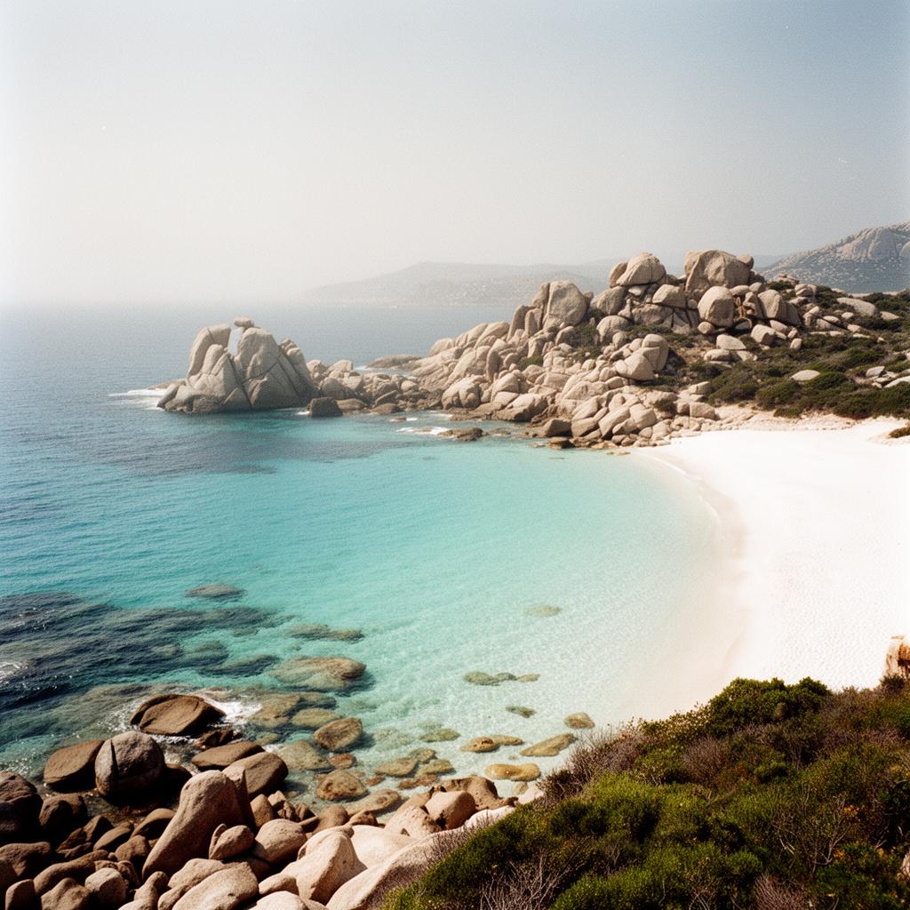 Turquoise waters and white sand beach along the Sardinian coastline with rocky outcrops