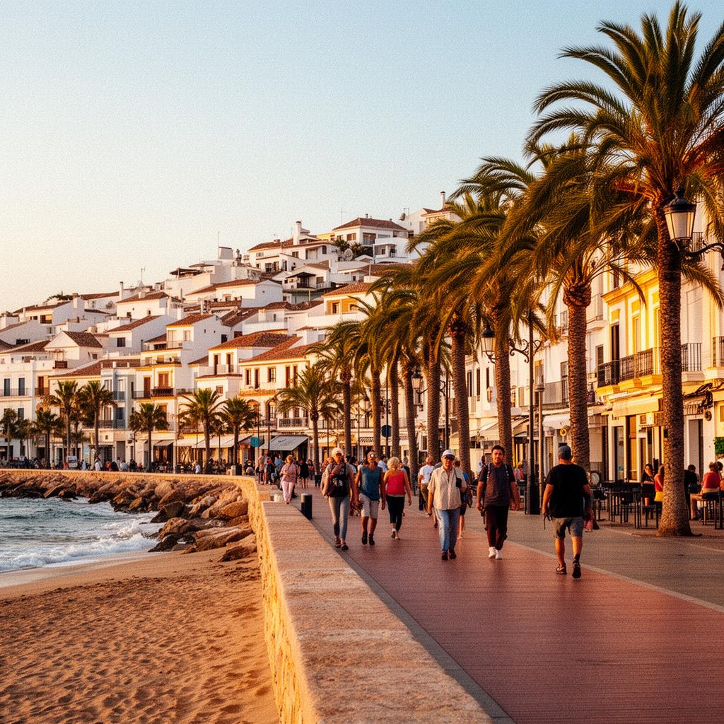 Vibrant Spanish beachfront promenade with terracotta buildings and Mediterranean coastline