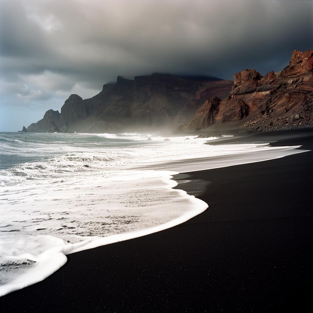 Volcanic black-sand beach in Tenerife with dramatic mountain backdrop