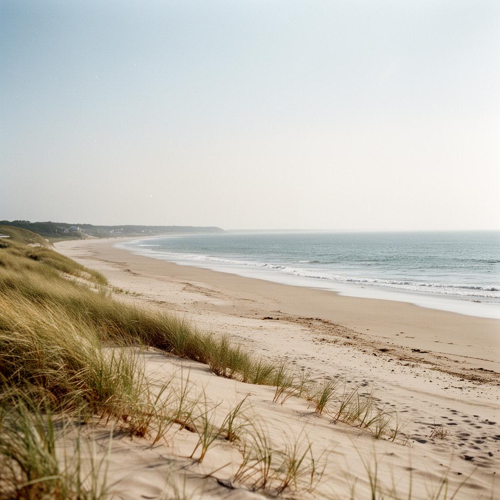 Panoramic view of Cape Cod National Seashore dunes and Atlantic surf under blue skies