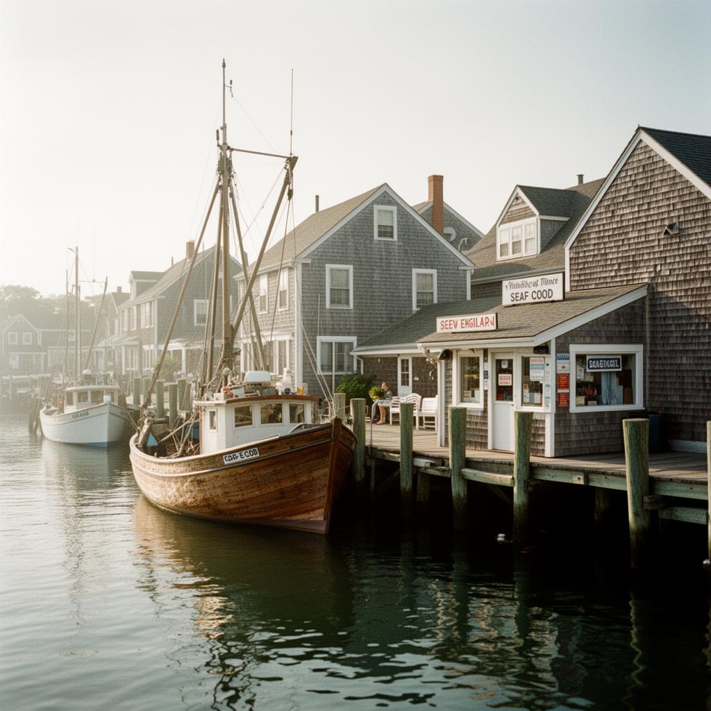 Chatham Lighthouse overlooking the harbor with fishing boats on Cape Cod Massachusetts
