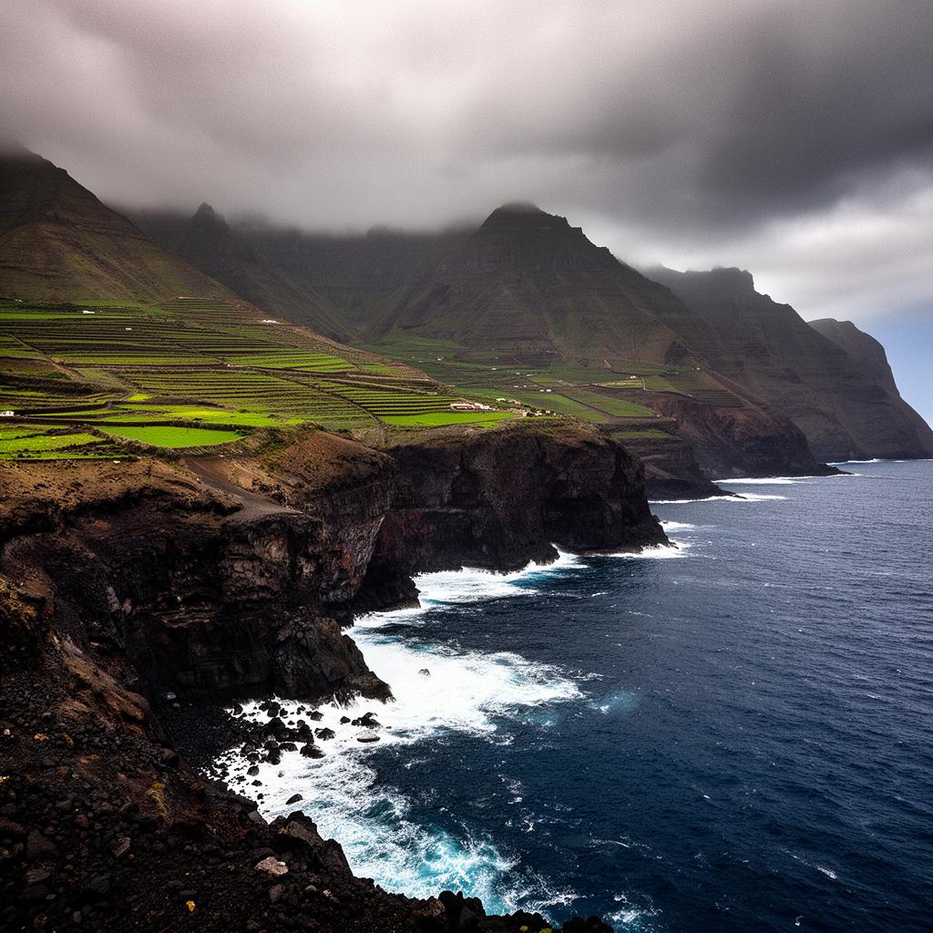 Santo Antão Cape Verde dramatic volcanic coastal cliffs meeting the Atlantic Ocean with terraced green hillsides