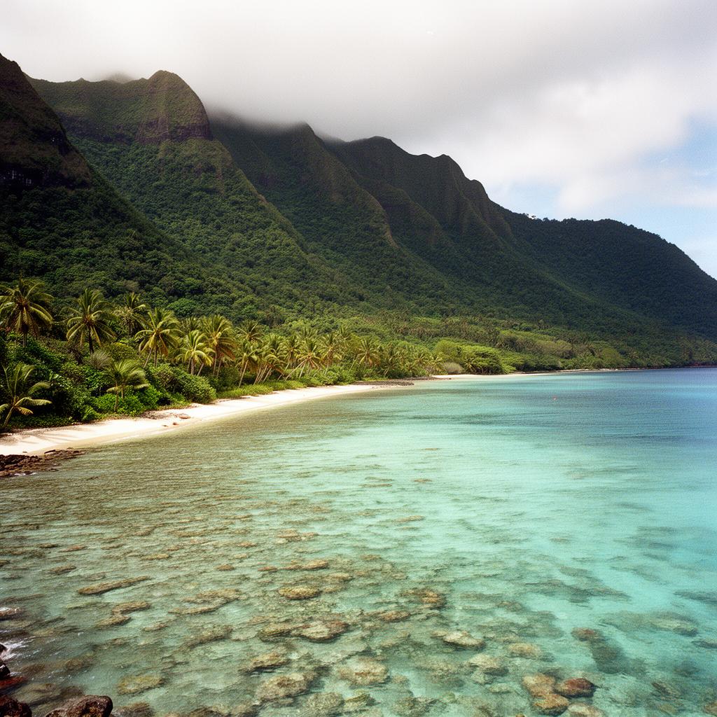 Rarotonga lagoon with volcanic peaks rising behind turquoise water