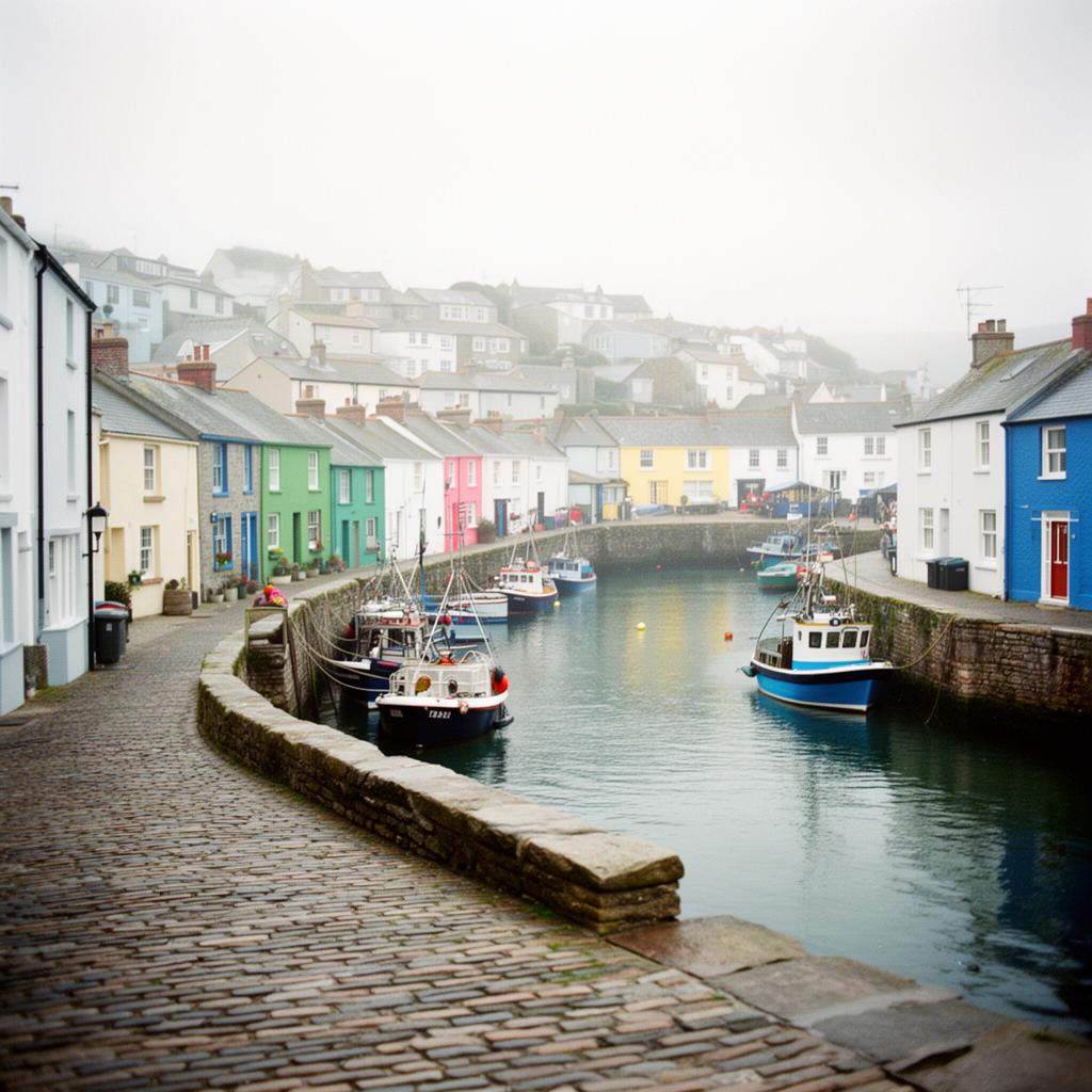 St Ives harbor with fishing boats and colorful cottages