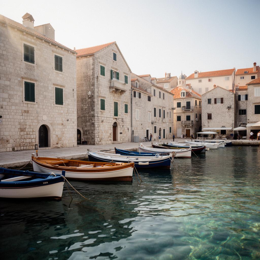 Historic stone harbor town on a Croatian island with traditional boats moored in clear Adriatic water