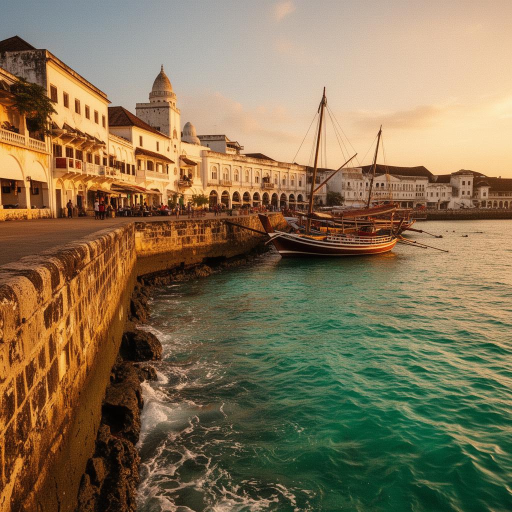 Zanzibar Stone Town waterfront at golden hour with traditional dhow boats and historic architecture