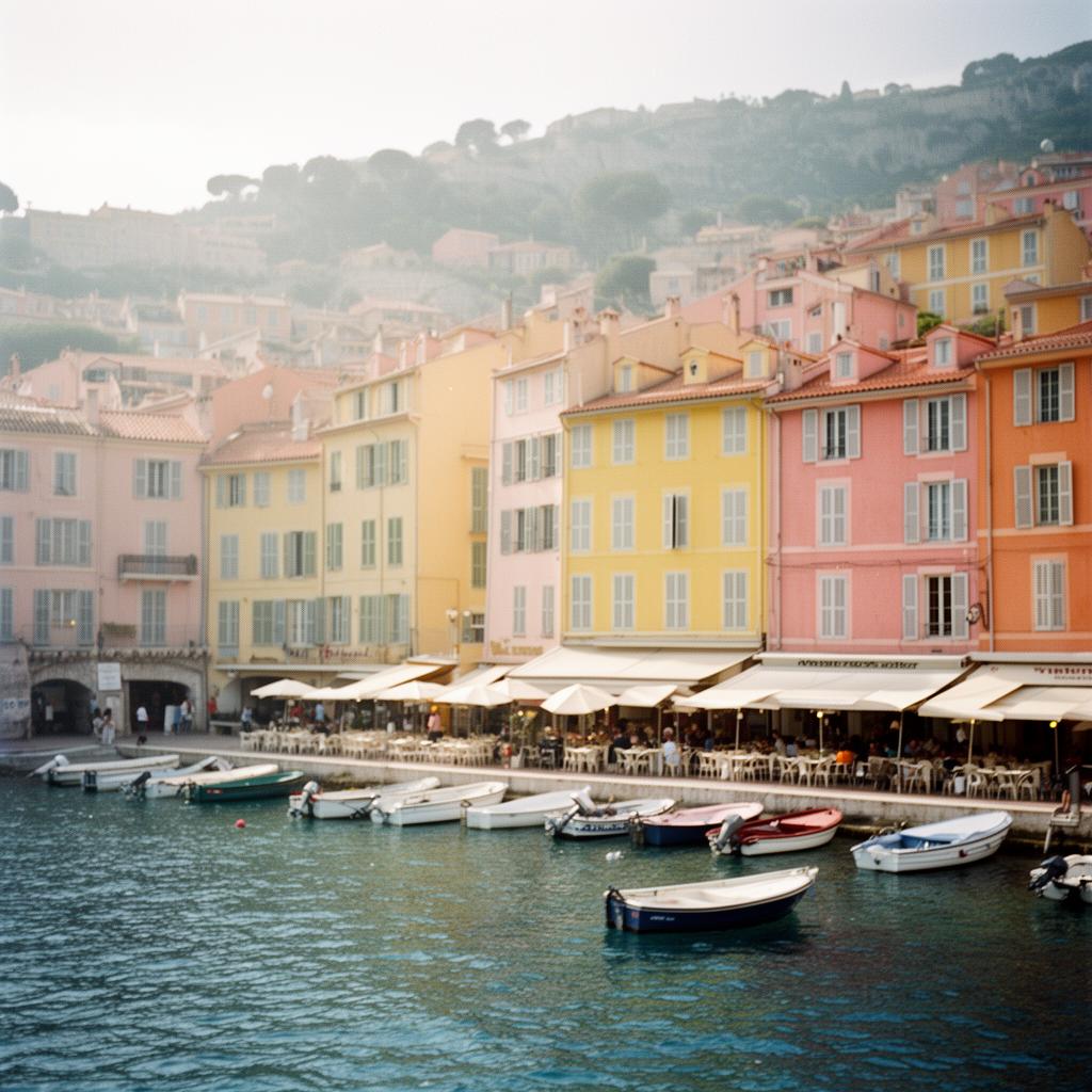 Charming French Riviera beach town with colorful facades and boats along the Mediterranean waterfront