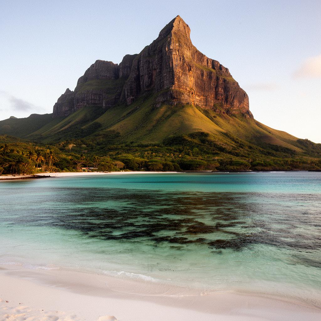 Le Morne Brabant mountain rising from turquoise lagoon in Mauritius with coral reef visible