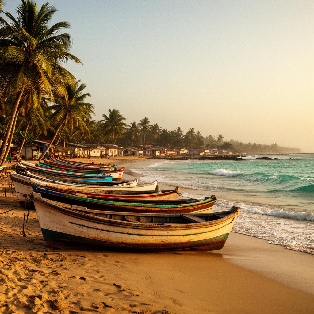 Tofo Beach Mozambique with traditional fishing boats on golden sand and palm trees