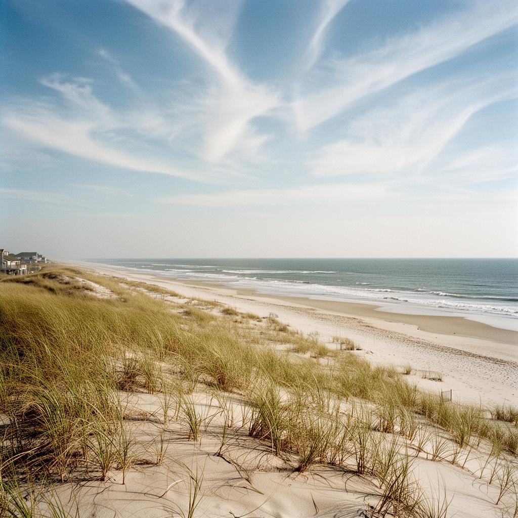 Aerial view of the Outer Banks barrier islands with sandy beaches and maritime forest