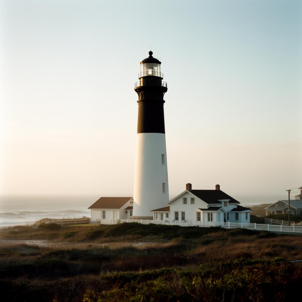 Cape Hatteras Lighthouse towering over the dunes at golden hour on the Outer Banks