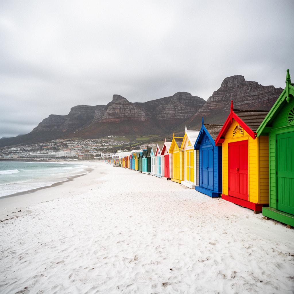 Muizenberg Beach colorful Victorian bathing boxes with mountains in the background