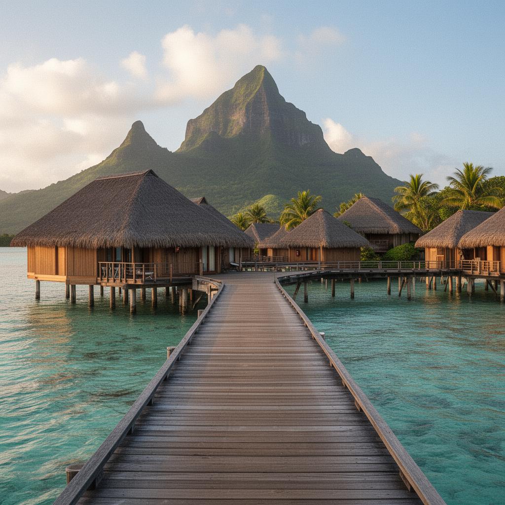 Overwater bungalows and crystal lagoon in the Tuamotu atolls