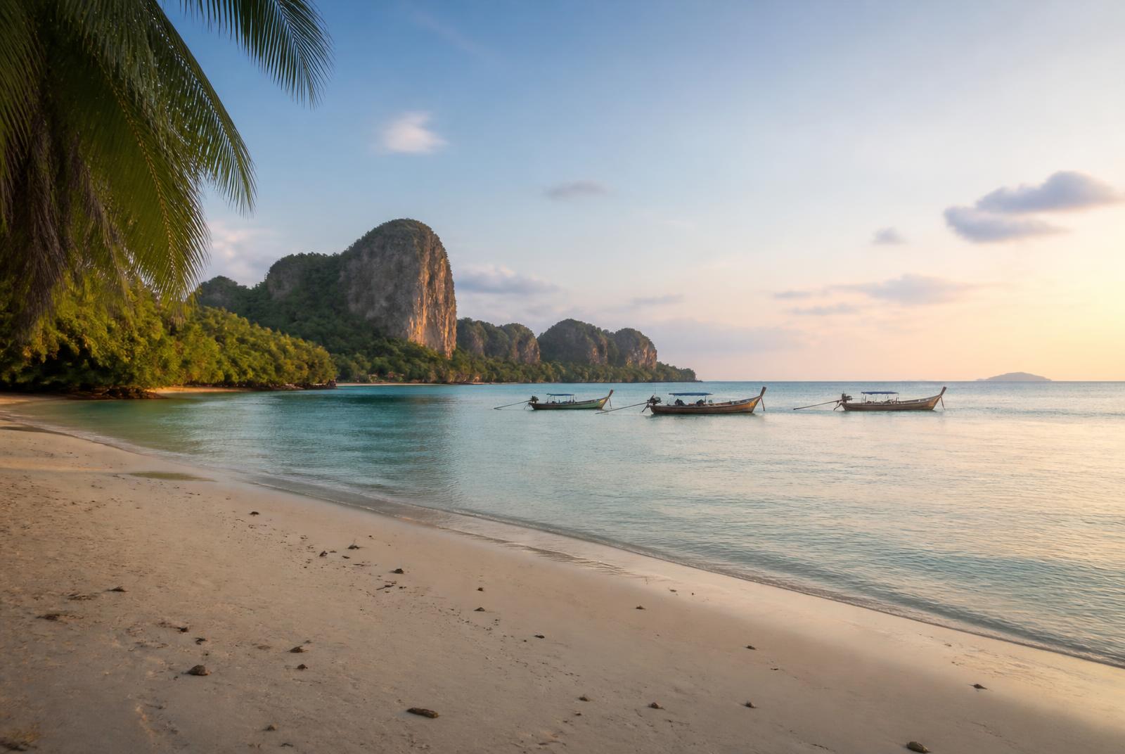 Longtail boats moored off a quiet Andaman coast beach backed by limestone karsts at golden hour