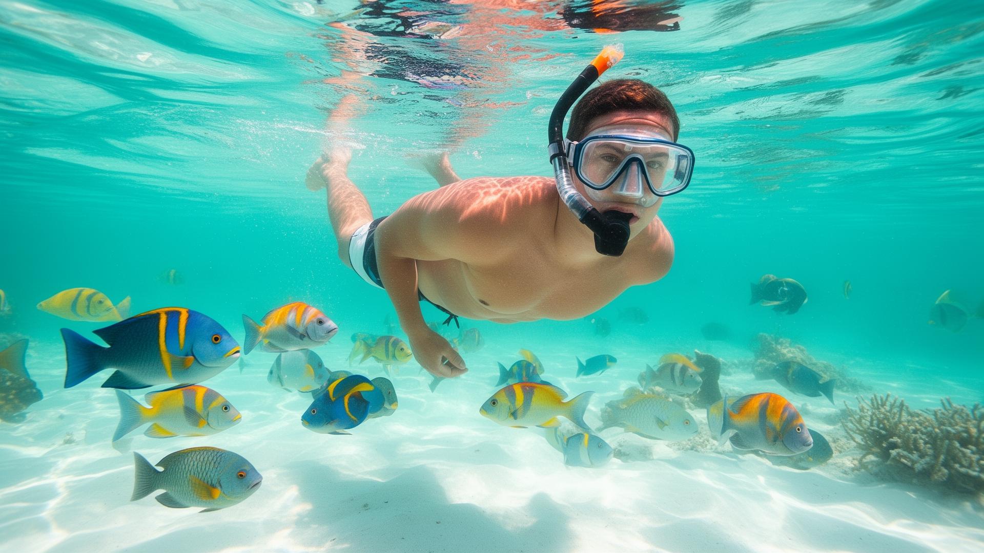 Snorkeler with tropical fish in Florida Keys
